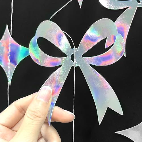 Image of Iridescent Bow Decorations Holographic Paper Star Bow Hanging Garland Streamer Banner for Coquette Birthday Bachelorette Wedding Bridal Shower Engagement Anniversary Hen Party Decorations Supplies