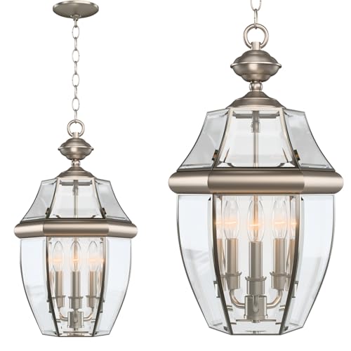 Image of Large Outdoor Pendant Light Fixture 3-Light, 20in Modern Silver Outdoor Chandelier Hanging Porch Light, Metal Exterior Ceiling Mount Hanging Lantern with Clear Glass for Front Door, Entrance, Gazebo