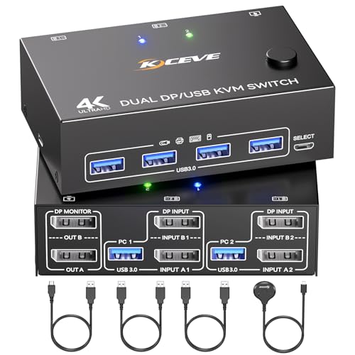 Image of Displayport KVM Switch 2 Monitors 2 Computers 8K@30Hz 4K@144Hz, USB3.0 Dual Monitor KVM Switch for 2 Computers Share 2 Monitors and 4 USB Peripherals,with Wired Remote and 2 USB Cable