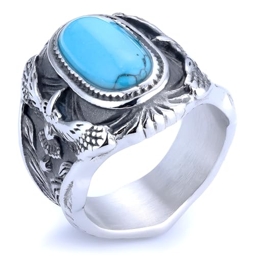 Men's Turquoise Titanium Steel Ring Engraved Eagle Design Vintage Western Navajo Native American Style, RDR Americana Biker Bold Jewelry