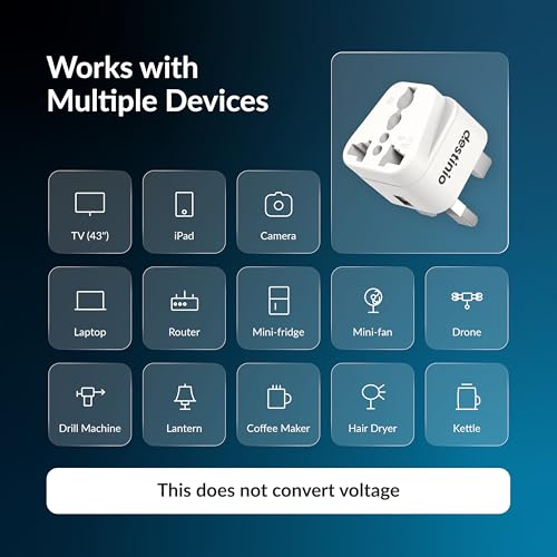 Image of Destinio Type G Travel Adapter | UK Plug Adapter for India to UK, UAE, Singapore & More | Universal Socket, 13A 250V 2500W| International Travel Plug Adapter | CE & RoHS Certified (Pack of 1)