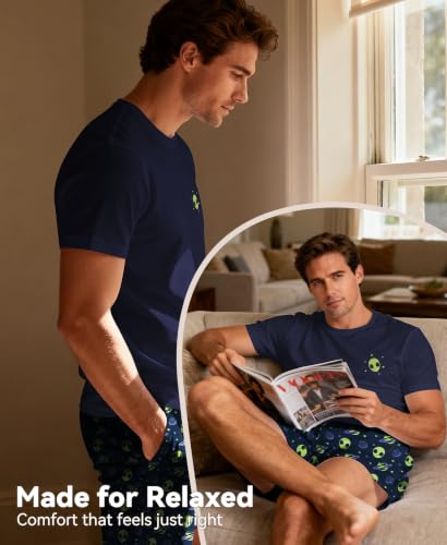 Image of Yoimira Mens Soft Pajama Set Short /Long Sleeve 2 Piece PJs with Pockets | Men's short /long sleeve pajama set, soft 2 piece PJs with pockets for sleepwear, loungewear, relaxing at home and nightwear