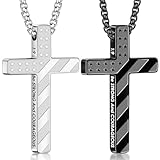 Romass 2Pcs Cross Necklace for Men Boys,Silver Black 1:9 Baptism Religious Christian First Communion Confirmation Stainless Steel American Flag Chain Gifts Jewelry