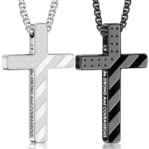 Romass 2Pcs Cross Necklace for Men Boys,Silver Black 1:9 Baptism Religious Christian First Communion Confirmation Stainless Steel American Flag Chain Gifts Jewelry