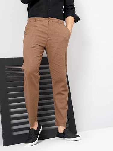 Image of Celio Men Brown Solid Regular Fit Linen Trousers