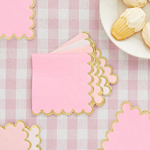 Sparkle And Bash 100 Pack Pink Scalloped Cocktail Napkins With Gold Foil Accents For Bridal And Baby Shower (3-Ply, 5 X 5 In) #TOP1
