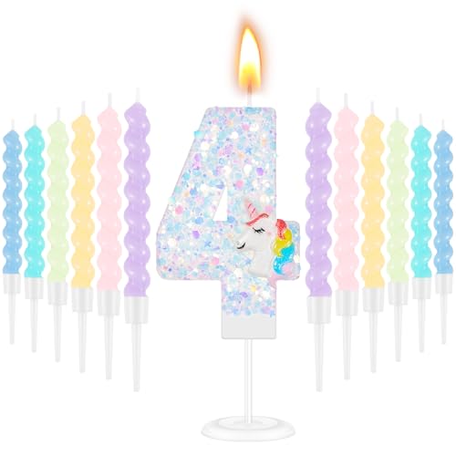 MTLEE Velas de cumpleaños número 4, vela con número de unicornio con 12 velas en espiral arcoíris para niñas, pastel de cumpleaños, lentejuelas, números de princesa, decoración de pastel de cumpleaños