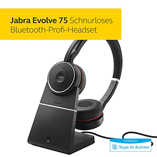 Jabra Evolve 75 MS Wireless Headset, Stereo – Includes Link 370 USB Adapter and Charging Stand – Bluetooth Headset with World-Class Speakers, Active Noise-Cancelling Microphone, All Day Battery