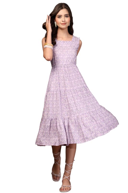 Image of Daevish New Rayon Floral Printed Flared Midi Dress for Women | Women Calf Length Dress