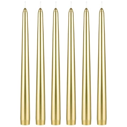 Mega Candles 6 pcs Unscented Gold Taper Candles, Hand Poured Wax Candle 10 Inch x 7/8 Inch, Home Décor, Wedding Receptions, Centerpieces, Birthdays, Celebrations, Romantic Events, Holders Cover