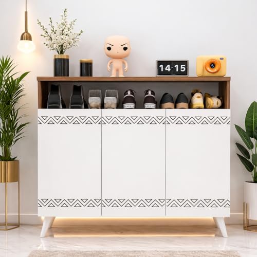 Image of Spyder Craft Engineered Wood Shoe Rack with Door Multi-Layer Storage Organizer Shelf Free Standing Stand Entryway Rack Cabinets (Wood Brown & White /120 x 96 x 35 cm), DIY(Do-It-Yourself) (SL1)