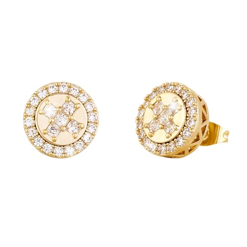 TOPGRILLZ Cross Square Stud Earrings 14K Gold Silver 5A+ Cubic Zirconia Iced Out Sparkle hypoallergenic Cartilage 925 Sterling Silver Square Flat Stud Cross Earrings For Men Women-Round Gold