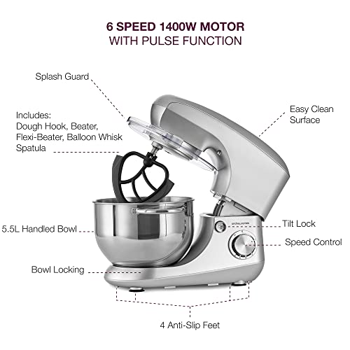Andrew James Stand Mixer for Baking Food Mixer, 1300W Max, Large 5.5 Litre Bowl 6 Speed Pulse Mode, Kitchen Electric Mixer with Bowl, Flexi-Beater Dough Hook Balloon Whisk Removable Splash Guard - Image 5