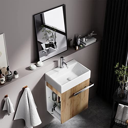 BRIDGE BENO Meuble de Salle de Bain Suspendu 50 cm avec évier en Céramique pour Petit Espace, avec Tiroir à Fermeture Amortie et Poignée de Porte-Serviettes en Acier Inoxydable (Chêne Européen)