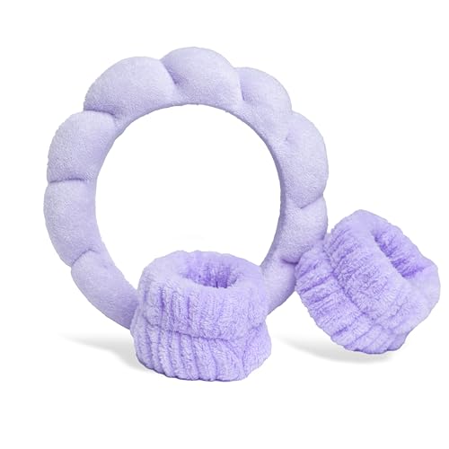 IDC INSTITUTE – Diadema y pulseras rutina de belleza – Accesorios prácticos y elegantes para el cuidado diario – Color aleatorio rosa o lila – para mujeres y adolescentes