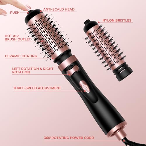 3-in-1 Rotating Hair Dryer Brush Set with Ionic Technology - Includes 2 Detachable Brushes for Volumizing and Curling