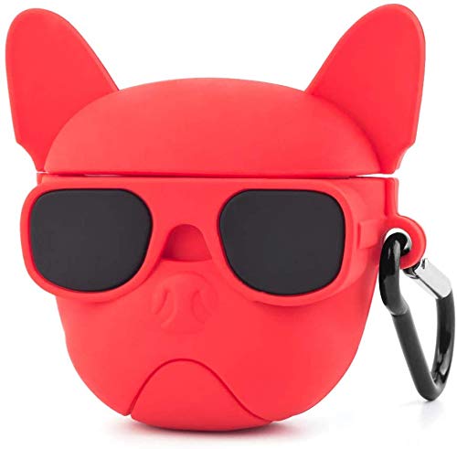 Meyaar Cute Silicone Case Cover with Keychain, 360° Protective Case Compatible with Apple Airpods 2 &1 (Red-Bull-Dog)