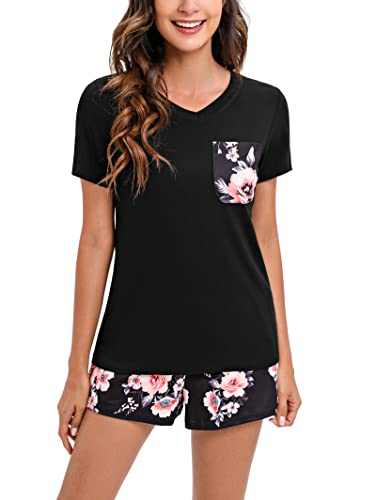Pyjama d'été 2 pièces femme ensemble short floral doux col V S-XXL