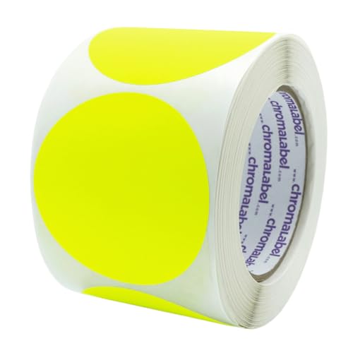 ChromaLabel Etykiety z okrągłymi naklejkami o wysokiej widoczności, okrągłe kolorowe naklejki, trwałe etykiety – 500 lepkich kropek na rolkę, fluorescencyjne żółte kropki
