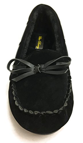 Blueberry Runs Small - Faux Soft Suede Fur Lined Moccasin House Slippers (Moccasin-21) Black, 10 Runs Small