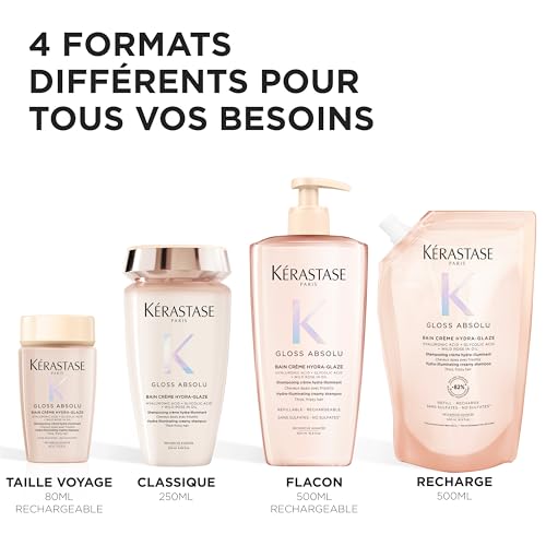 KÉRASTASE Gloss Absolu - Bain Hydra-Glaze - Shampoing Crème Hydra-Illuminant & Anti-Frisottis - Acide Hyaluronique, Glycolique & Huile de Rose - Cheveux Épais Sujets aux Frisottis - 75 ml