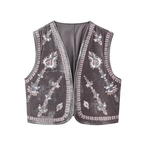Image of Women Vintage Floral Embroidered Vest Y2K Sleeveless Open Front Cardigan Boho Linen Cropped Waistcoat