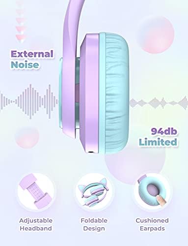 iClever Kids Headphones with Microphone, Cat Ear Led Light Up, HS20 Wired Headphones -Shareport- 94dB Volume Limited, Foldable Over-Ear Headphones for Kids Gifts/School/Kids Tablet/Travel