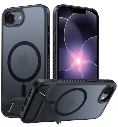Image of FNTCASE for iPhone 17e Case: iPhone 16e Phone Case [Magnetic Stand] [Compatible with Magsafe] Translucent Matte Military Grade Shockproof Drop Protective Phone Cover,Black