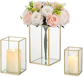 Glasseam Gold Candle Holders for Pillar Candles, Square Hurricane Candle Holder Glass Set of 3, Clear Hurricane Lantern for Table Centrepiece, Chic Pillar Candle Holders for Wedding Party Decoration