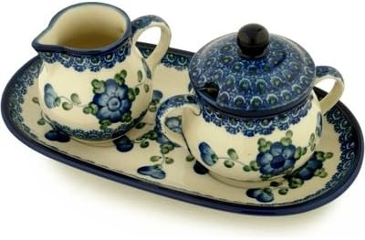 Polmedia Polish Pottery Sugar and Creamer Set - Blue Poppies Pattern Handmade in Boleslawiec Poland by Ceramika Artystyczna + Certificate of Authenticity