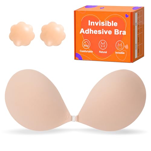 GKHWON Sticky Push Up Strapless Bras for Women,Ultra Adhesive Bra for Backless Dress,Invisible Silicon Bra with Nipple Covers (A Cup,Nude)
