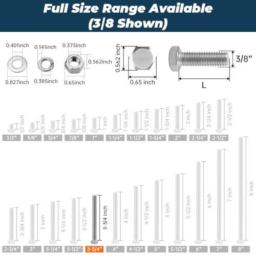 Image of 6 Sets Glvaner 3 /8-16 x 3-3 /4 inch Stainless Steel Hex Head Screws Bolts, Nuts, Flat & Lock Washers, 18-8 (304) Stainless Steel, Full Thread, Coarse Thread