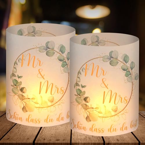 12 Windlicht Tischdeko Hochzeit, Goldene Hochzeit, Silberhochzeit, Mr & Mrs Deko Eukalyptus, Hochzeitstag Just Married Deko Set