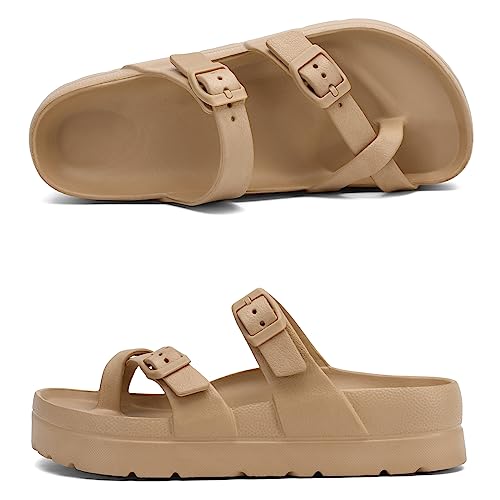 Image of TIKVAW Womens Arch Support Platform Sandals Comfort Slides Thick Soles Flat Sandals With Adjustable Buckle & Ultra Cushion