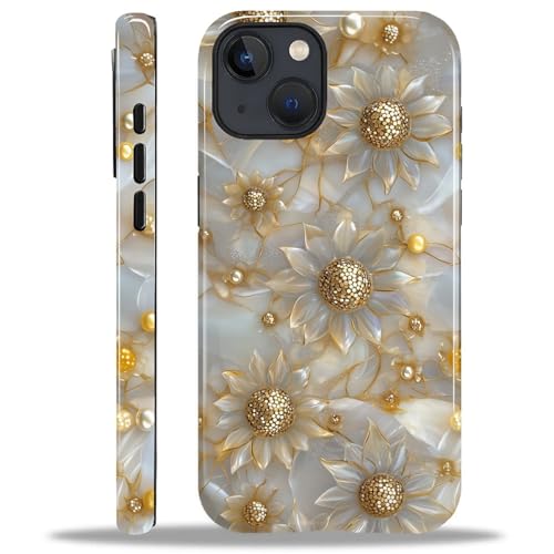 ANLUN STORE Case for iPhone 15, Hybrid Dual Protection Soft TPU + Hard PC Shockproof Cover Anti-Scratch & Slim Protective for Men Women Case Luxury Golden Flower Geometry Design