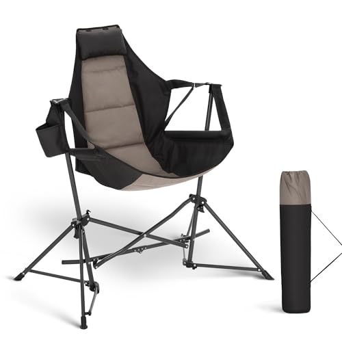 ALPHA CAMP Hammock Folding Rocking Chair with Cup Drink Holder, High Back Padded Swinging Chair for Outdoor,Camping, Lawn,Backyard,Picnic, Steel, Heavy Duty Portable Oversized(Black)