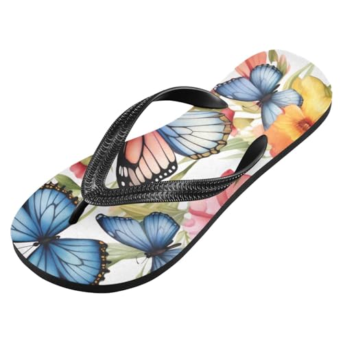 Womens Flip Flops Blue Butterfly FlowerNon-Slip Casual Beach Slippers Rubber Sandals214B2609