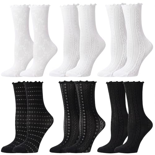 Image of Jspupifip 6 Pairs Lace Ruffle Frilly Crew Socks for Women Girls | Cotton Breathable Cute Princess Ankle Dress Lace Socks Thin Cool Casual Socks