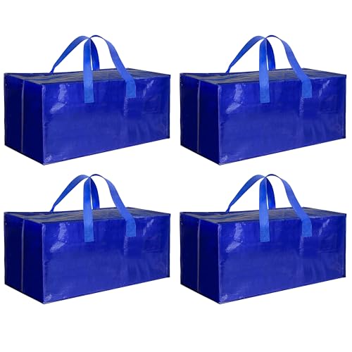 HealSmart 4 Pack Extra Large Moving Bags with Zippers & Carrying Handles, Heavy-Duty Storage Tote Moving Boxes for Dorm Room Essentials Storage Bags, Blue