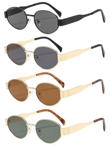 4 Pieces Retro Oval Sunglasses for Women Men 90s Trendy Gold Metal Frame Sun Glasses Small Round Classic Shades
