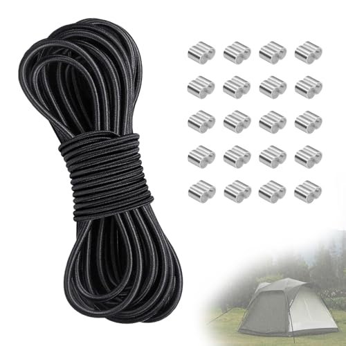 10M x 4MM Corde en Caoutchouc Noir, Cordon Elastique Rond Ficelle Élastique Solide, Corde Extensible en Caoutchouc, Corde Elastique pour Bache, Manchon en Aluminium à Double Trou