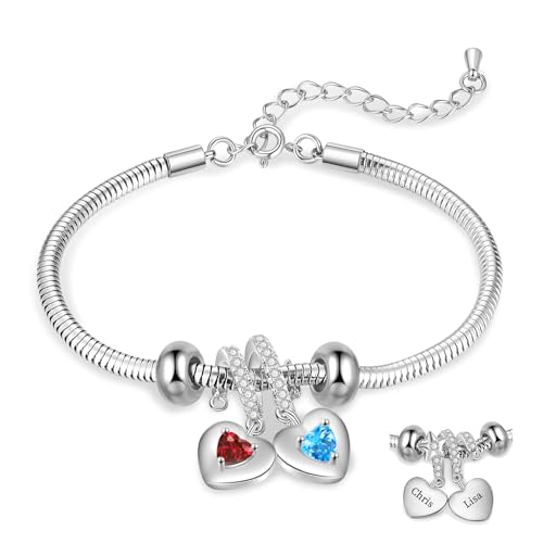 Bracciale Donna Personalizzato con Nome Pietra di nascita Bracciale a Cuore Regalo per Mamma Moglie Nonna Regali per Natale Festa della mamma (Argento-2 nome)