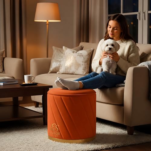 Image of Luxury Round Velvet Ottoman Stool with Gold Base - Modern Upholstered Footrest Pouffe, Tufted Vanity Seat, Living Room Bedroom Dressing Stool (Orange)