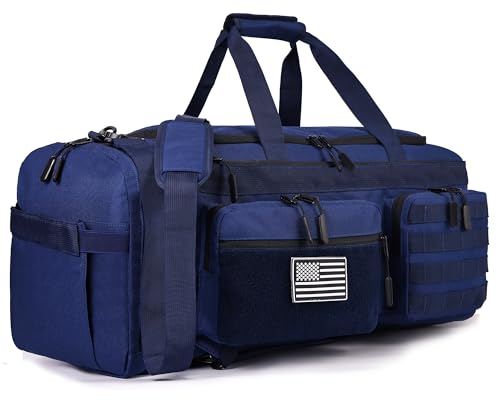 Image of LHI 50L Tactical Duffle Bag for Men, 3-in-1 Gym Duffle and Backpack, Shoe Compartment, Laptop Sleeve and MOLLE, Carry-On Travel Weekender and Overnight Bag - Blue