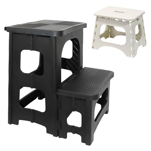 Taburete de 2 Escalones, Taburete Plegable con Escalón Antideslizante Capacidad de Carga de 150kg Taburete Portátil para Niños con Taburete Plegable Blanco para Cocina Hogar Oficina Y Exteriores