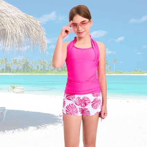 Image of Size 7-16 Years Girls Slim Fit Swimsuit 2 Piece Halterneck Tankini Swimsuit Drawstring Printed Swim Shorts