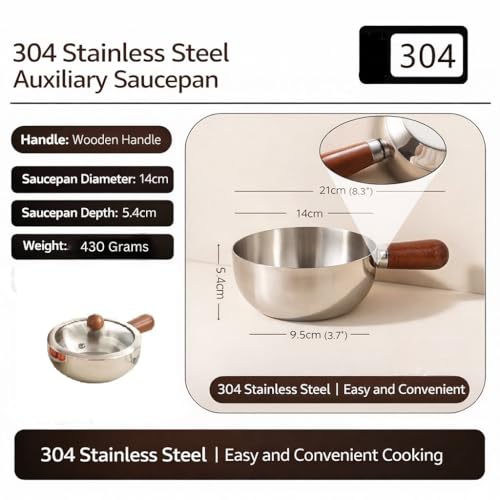 Image of Stainless Steel Pot with Glass Lid & Wooden Handle for Cooking Pot, Suitable for Kitch Mini Oil Pan Induction Base Non Stick Sauce Pan Boiling Pot for Tea Coffee Milk Water Sauce and Noodles