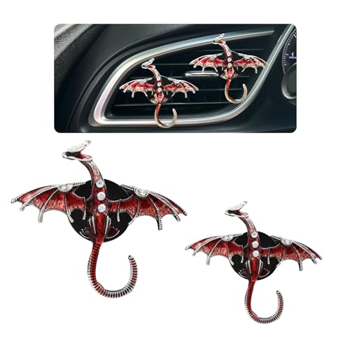 ORIESSE Dargon Air Vent Clips Car Air Freshener 2pcs Bling Red Dragon Car Accessories Enamel Fire Dragon Wyvern Vent Clips Refillable Car Essential Oil Outlet Diffuser Gothic Car Decor