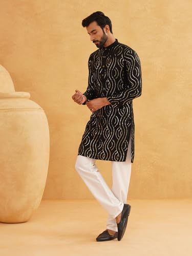 Image of SOJANYA (Since 1958 Men's Embroidered Sequinned Cotton Kurta With Churidar Pyjama Set