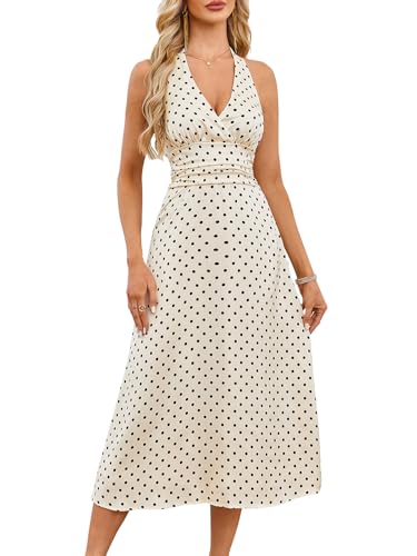 Image of Womens Polka Dot Satin Halter Neck Dress V Neck A Line Flattering Figure Date Night Out Dress